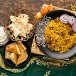 Indian meal with rice and sari